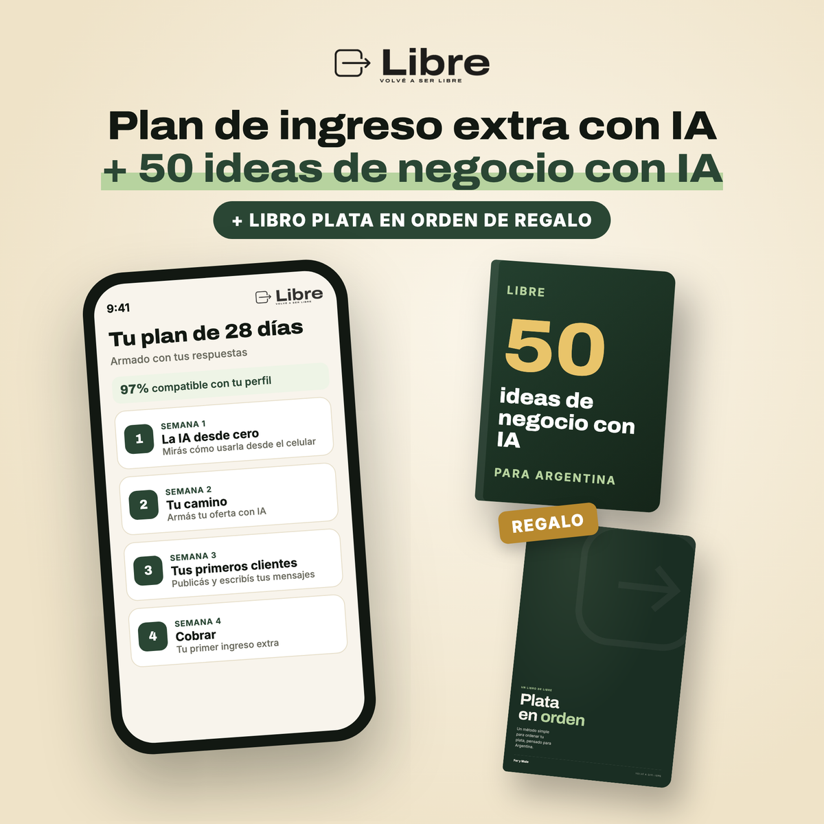Plan de ingreso extra con IA + 50 ideas de negocio con IA + 🎁 Libro Plata en orden de regalo